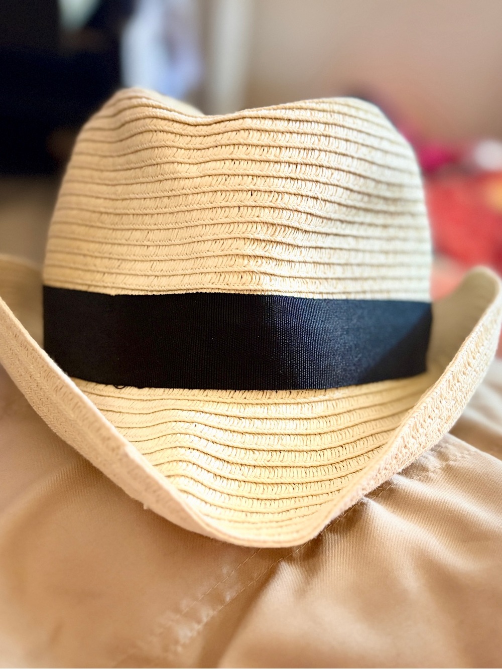 H&M Beige Straw Fedora Hat Black Band 12-14Y 55-56cm